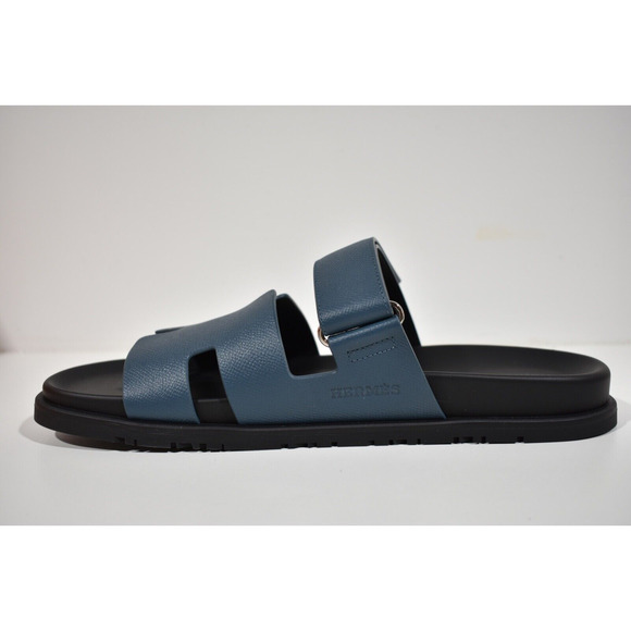 Hermes Chypre Sandal Mens Black Blue H Logo Strap Slide Slip On Flop Flat 44 11 - Picture 9 of 12